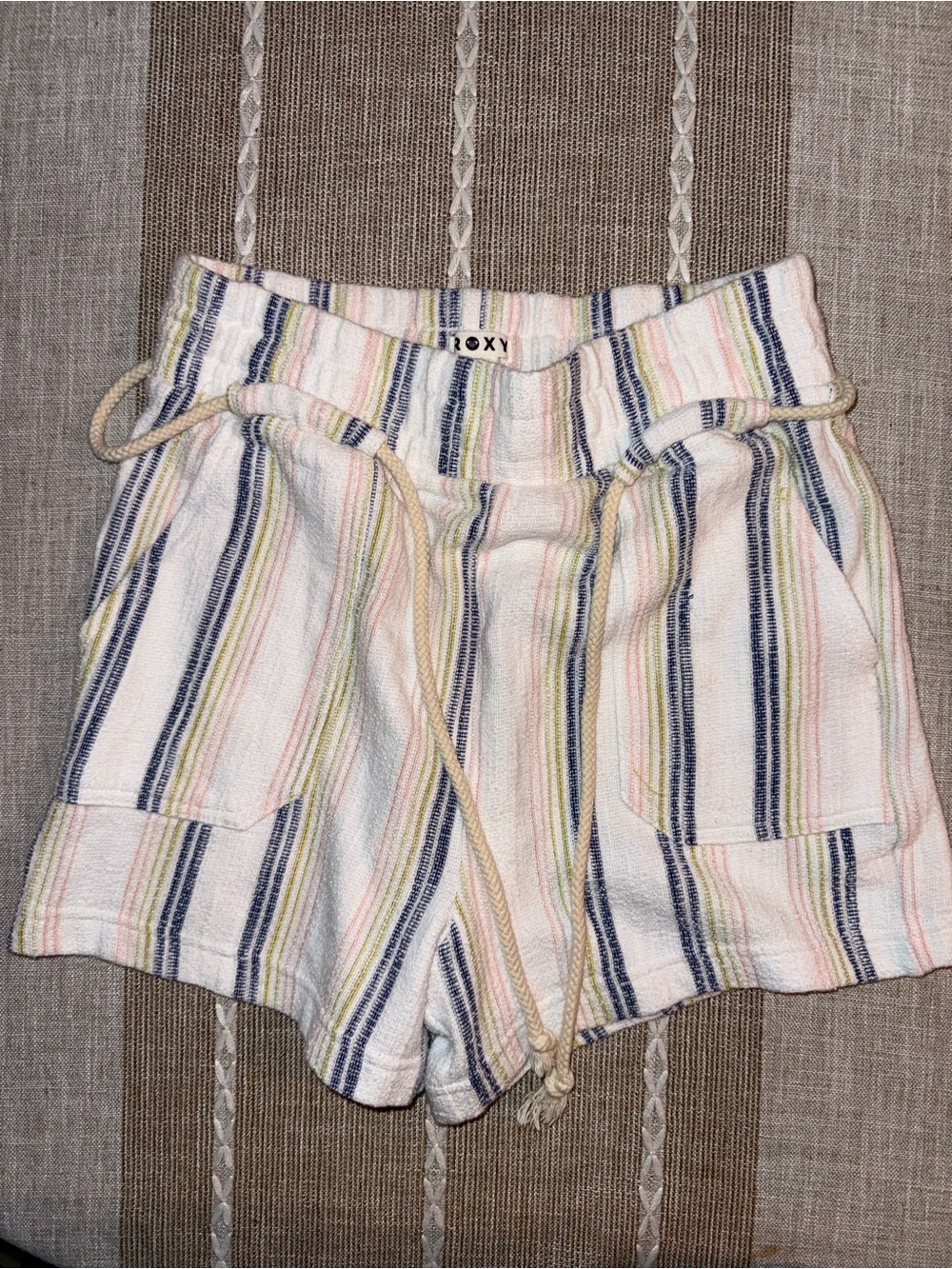 Roxy White High-Waist Striped Drawstring Shorts with Pastel Accents